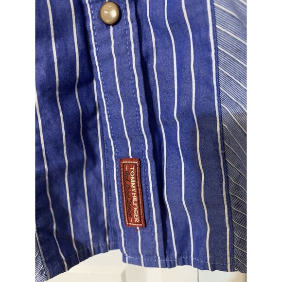Tommy Hilfiger Red Label Western Pearl-Snap Button Blue-White Stripe M Long Slve - Picture 2 of 7